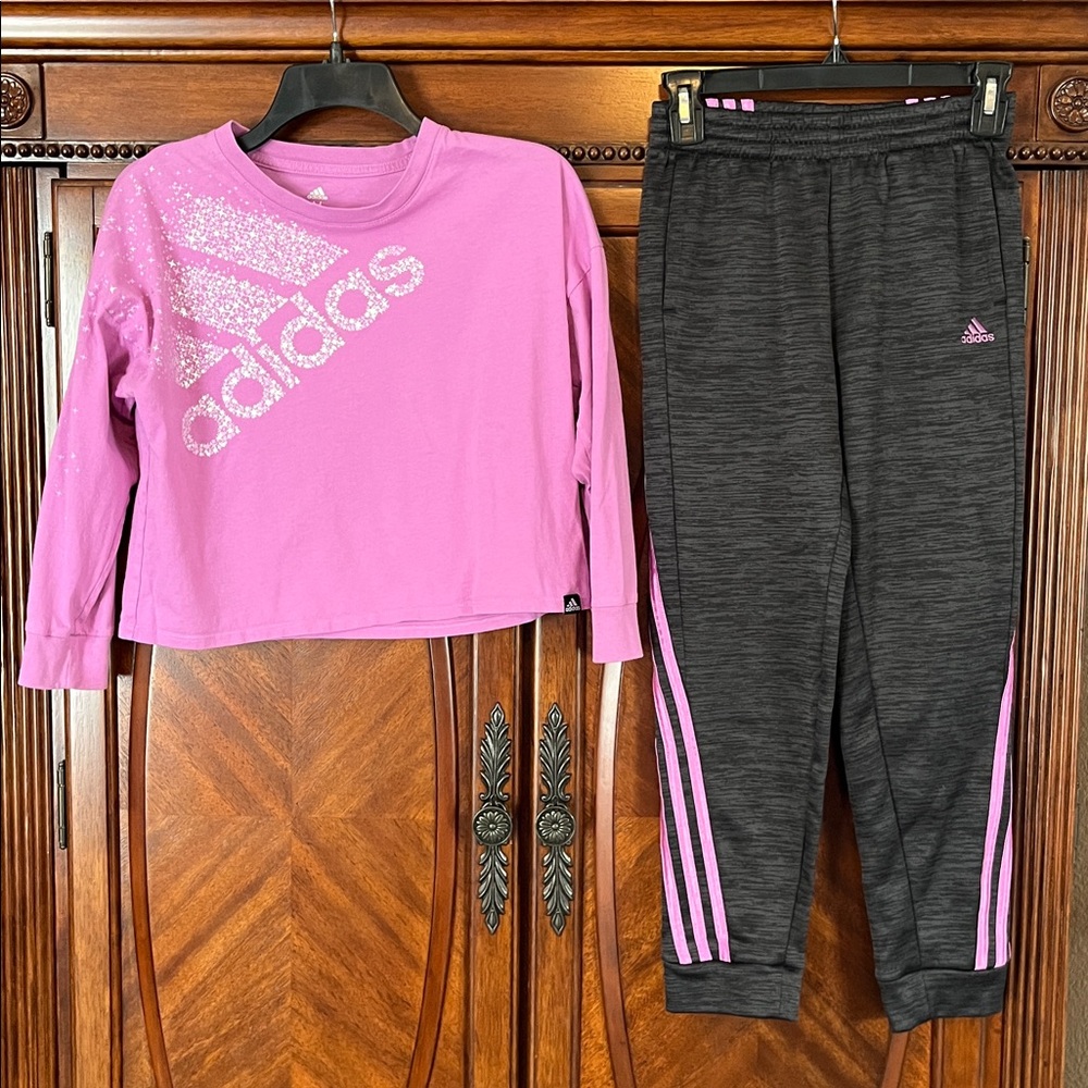 Adidas Girl’s Charcoal and Purple Joggers and Purple Long Sleeve Top